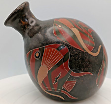 VTG PEDRO GUERRERO NICARAGUA MAYAN ART POTTERY GLAZED VASE RED FISHES c1980 g. picture