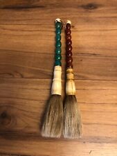 Vintage Pair of Chinese Calligraphy Brushes Red Green Horsehair Bone Not Jade picture