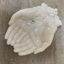 Vtg Westmoreland Milk Glass Beige Praying Hands Grapes & Leaves Dish Candy Soap picture