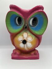 VINTAGE MID CENTURY MOLDED PLASTIC PINK OWL COIN BANK BRIGHT COLORS HIPPIE picture