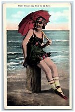 Beach Bathing Beauty Postcard How Would You Like To Be Here c1930's Vintage picture