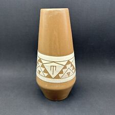 Vintage Sioux Glazed Pottery Terra Cotta Hand Carved Vase Abstract Signed 9.5” picture