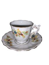 Demitasse Porcelain Tea Cup & Saucer Set, Colorful Bird & Flowers, Made in Japan picture