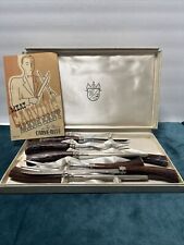 Vintage Sheffield Washington Forge Carved Stag Antler 7P KNIFE FORK SET W/ book picture