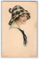 c1910s Pretty Woman Checkered Bonnet Hat Painted By Alice Luella Fidler Postcard picture