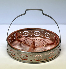 VTG Pink Depression Glass Divided Relish Candy Dish Metal Pierced Caddy Holder picture