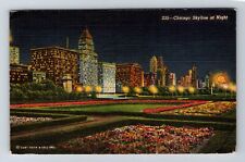 Chicago IL-Illinois, Skyline At Night, Antique, Vintage c1951 Postcard picture