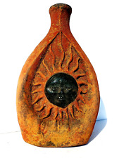 RARE Vtg Mexican Folk Art Terra Cotta Pottery Vase w/3D Glass Sun Face Inserts picture