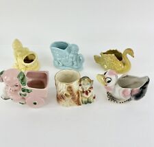6 Lot Ceramic Vtg Kitschy Planters Duck Pig Gnome Swan Girl picture