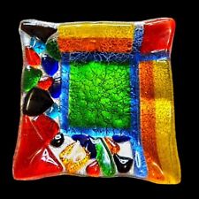 Vintage MCM Fused Art Glass Mosaic Handmade Multicolor Trinket Dish Ashtray 3.5