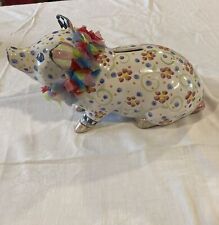 Mackenzie Childs Art Pottery Piggy Bank Pigadilly Floral Pattern Marked JQ 2014 picture