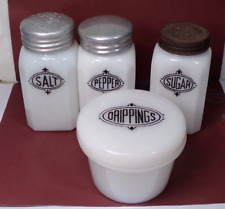Vtg Hazel Atlas SQUARE Milk Glass 4pcs SALT PEPPER SUGAR DRIPPINGS Lidded Grease picture