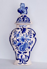 Antique DELFT GINGER JAR LIDDED VASE 15.4 INCHES - EMBOSSED ACCENTS picture