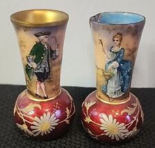 2 Rare 1800s Antique Miniature French Limoge Vases Foil Couple Signed Vilert  picture