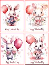 VALENTINE VINTAGE  BABY BUNNY RABBIT WATERCOLOR 8 GLOSSY BLANK CARD  BALLOONS picture