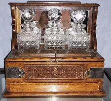 Antique English Victorian Oak Tantalus w/ Crystal Decanters Very nice w/ drawer picture