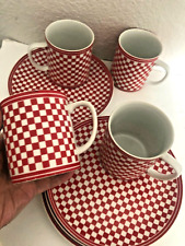 SET 8 Vtg JAPAN DONGHIA Red Checkmate PLATE MUG Ceramic Luncheon DINER FARM a picture