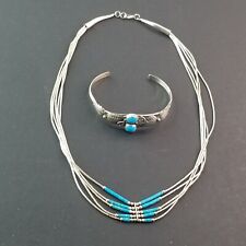 Vtg Native American Liquid SS Turquoise Necklace & SS Turquoise  Cuff Bracelet picture