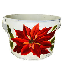 VTG Toleware Off White Folk Art HAND PAINTED Christmas Pail Bucket Poinsettia 79 picture