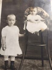 1907 RPPC Photo Postcard Two Cute Little Girls Toddler Highchair Boots Dresses picture