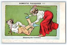 c1905 Girl Beating Husband Cleaning His Trowsers Humor Unposted Antique Postcard picture