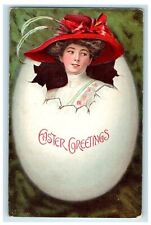 1909 Easter Greetings Girl Red Hat Hatched Egg Osseo Wisconsin WI Postcard picture