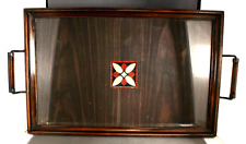 Antique Butler Serving Tray With Glass, Wood Framed Brass & Handles picture