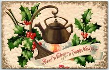 Postcard - Best Wishes for a Happy New Year with Mistletoe and Kettle Art Print picture
