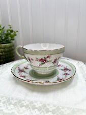 Vintage Shelley Tea Cup and Saucer Set - Pastel Green Floral Rose Gold Accent picture