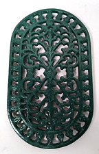 Vintage Cast Iron Enamel Trivet Floral Cutout Oval Footed Hot Plate Stand Green picture