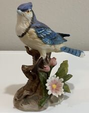 Vtg HOMCO 1445 Porcelain Bisque Blue Jay Bird Detailed Floral Botanical Figurine picture