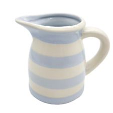 Blue and White Striped Pitcher Vase Faux Crackle Ceramic Cottage 16 Oz 4.75
