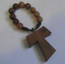 Vintage wood bead with cross finger travel pocket rosary chaplet prayer ring picture