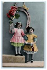 1914 New Year RPPC Girls Tinted Flowers Horseshoe Good Luck Antique Postcard picture