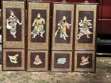 Vintage Chinese Laquered Panels Set of 4 Jade? Stone Hand Painted Warriors picture