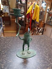 Frog on Lily Pad Heavy Candlestick Candle Holder Green Patina 8” Tall Century picture