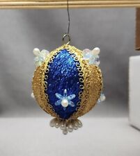 Vintage Push Pin Christmas Ornament Beaded Handmade Blue & Gold 2.5