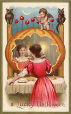 Lucky Halloween Postcard, Repro - Girl, Pumpkin, Owl, Black Cat, Cupid picture