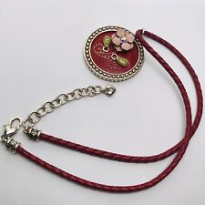RETIRED BRIGHTON RED LEATHER FLOWER NECKLACE ADJUSTABLE CIRCLE SWIRL picture
