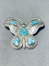 WHIMSICAL VINTAGE NAVAJO BLUE GEM TURQUOISE STERLING SILVER BUTTERFLY PIN picture