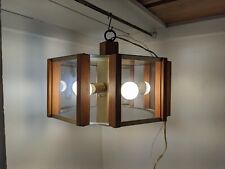 VTG Fredrick Ramond Glass Teak Wood & Brushed Brass Frame 6-Light Chandelier picture
