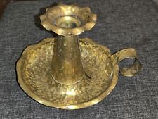 Vtg Hammered Brass Chamber Large Stick Candle Holder w/ Finger Loop & Drip Tray picture