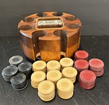 VTG 156 Clay Poker Chips And Wood Caddy Lazy Susan 8 Sections And  Card Slots picture