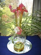 VICTORIAN ART GLASS VASE RUBINA VERDE APPLIED FLORALS PINK OVER YELLOW FINE RIB picture