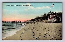 Muskegon MI-Michigan, Bathing Beach & Lake Harbor, Vintage Souvenir Postcard picture