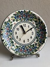 Unikat Wiza Poland Boleslawiec Pottery Wall Clock Blue Floral NICE 9.25” picture