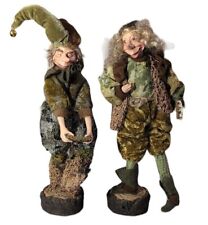 Rare Elf Dolls Troll Woodsman Doll 11” Folk Art  Wood Plastic Look Base Set Of 2 picture