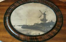 Antique Victorian Oval Tiger Wood Frame w Flat Glass Dutch Wind Mill Print 1800s picture