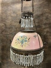 Antique Victorian GWTW Library Oil Hanging Lamp w/Crystal Prism, Electric, 33