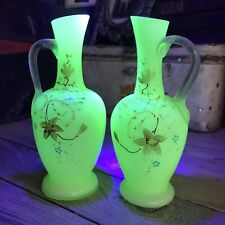 Antique Opalescent Hand Painted Glass Pitcher Set Of Two Uranium Glass Floral picture